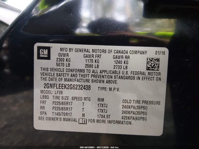 46105961 :رقم المزاد ، 2GNFLEEK2G6232438 vin ، 2016 Chevrolet Equinox Ls مزاد بيع