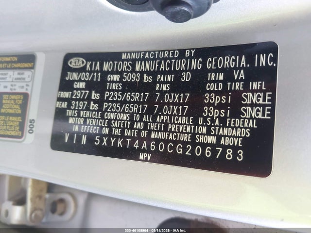 Продаж на аукціоні авто 2012 Kia Sorento Lx, vin: 5XYKT4A60CG206783, номер лоту: 46105964