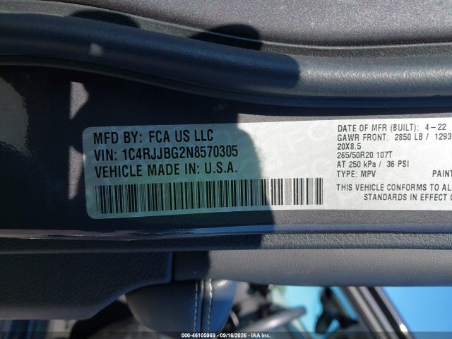 Продаж на аукціоні авто 2022 Jeep Grand Cherokee L Limited 4x2, vin: 1C4RJJBG2N8570305, номер лоту: 46105969