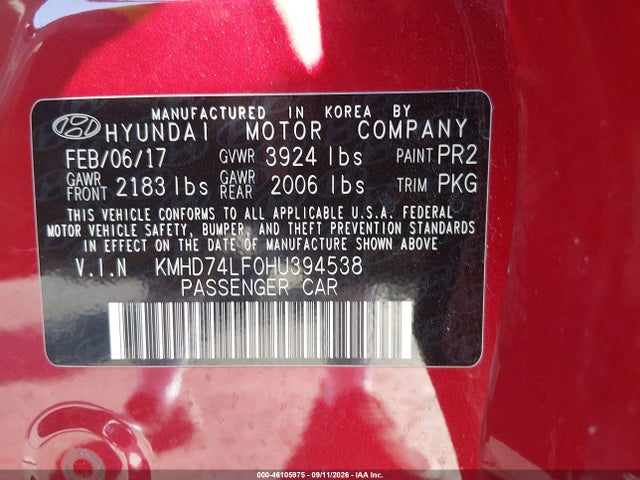 KMHD74LF0HU394538 Hyundai ELANTRA SE