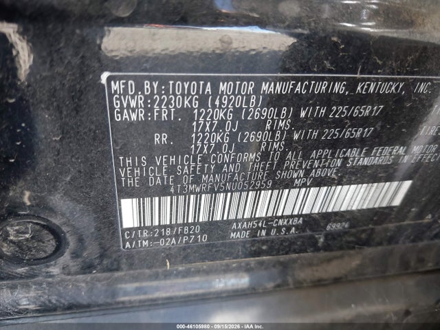 4T3MWRFV5NU052959 Toyota Rav4 Hybrid Le