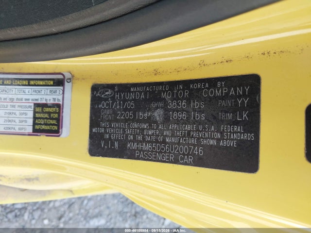 2006 Hyundai Tiburon Gs მანქანა იყიდება აუქციონზე, vin: KMHHM65D56U200746, აუქციონის ნომერი: 46105984