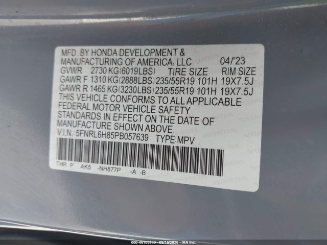 5FNRL6H85PB057639 Honda Odyssey Touring