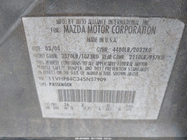 Продаж на аукціоні авто 2004 Mazda Mazda6 I, vin: 1YVHP84C345N57909, номер лоту: 46106000
