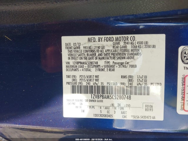 Продажа на аукционе авто 2012 Ford Mustang V6, vin: 1ZVBP8AM5C5280748, номер лота: 46106009