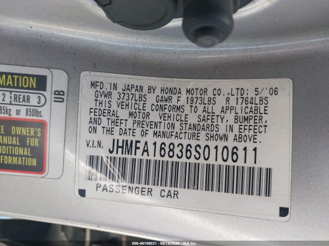 46106021 :رقم المزاد ، JHMFA16836S010611 vin ، 2006 Honda Civic Ex مزاد بيع