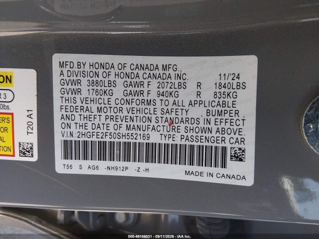 Honda Civic Sport 2025 2HGFE2F50SH552169 Image 9