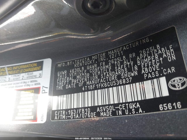 Продаж на аукціоні авто 2012 Toyota Camry Xle, vin: 4T1BF1FK6CU536837, номер лоту: 46106044
