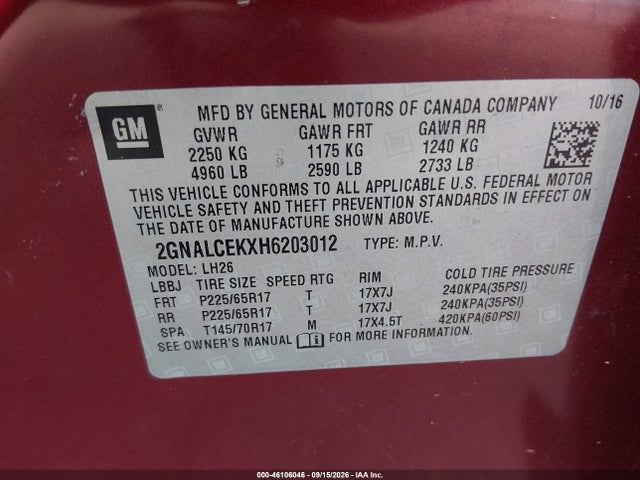 Aukcja sprzedaży 2017 Chevrolet Equinox Lt, vin: 2GNALCEKXH6203012, numer aukcji: 46106046
