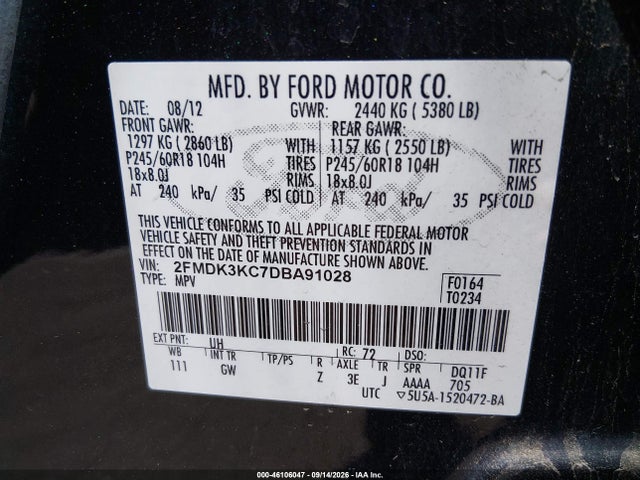 46106047 :رقم المزاد ، 2FMDK3KC7DBA91028 vin ، 2013 Ford Edge Limited مزاد بيع