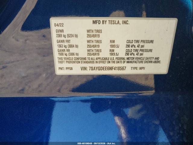 Продажа на аукционе авто 2022 Tesla Model Y Long Range Dual Motor All-wheel Drive, vin: 7SAYGDEE6NF418567, номер лота: 46106049