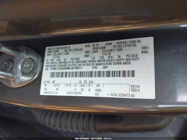 2021 Ford Escape Se მანქანა იყიდება აუქციონზე, vin: 1FMCU0G69MUA78511, აუქციონის ნომერი: 46106054