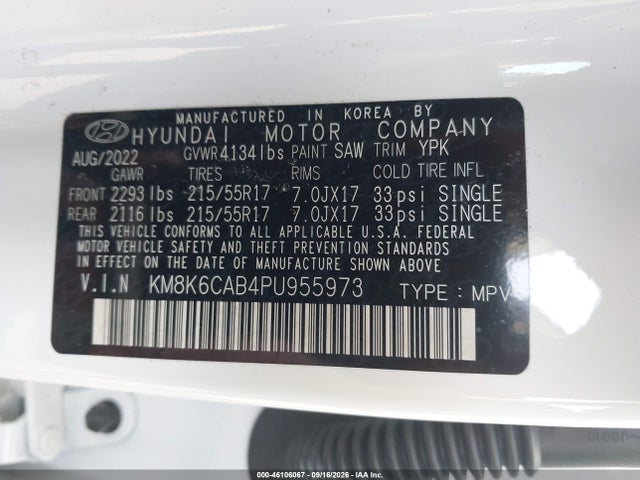 Aukcja sprzedaży 2023 Hyundai Kona Sel, vin: KM8K6CAB4PU955973, numer aukcji: 46106067
