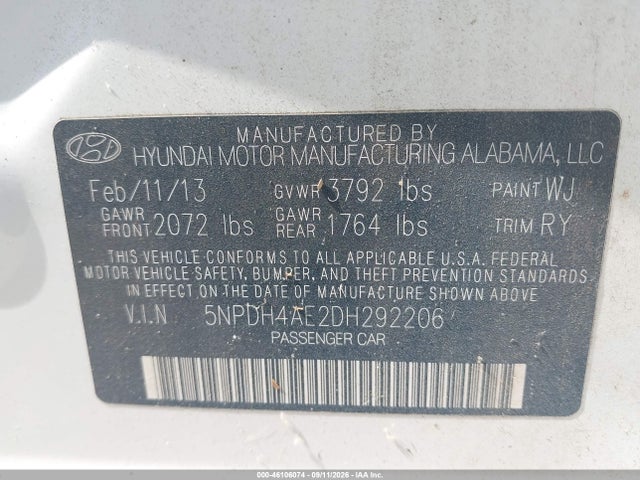 46106074 :رقم المزاد ، 5NPDH4AE2DH292206 vin ، 2013 Hyundai Elantra Limited مزاد بيع
