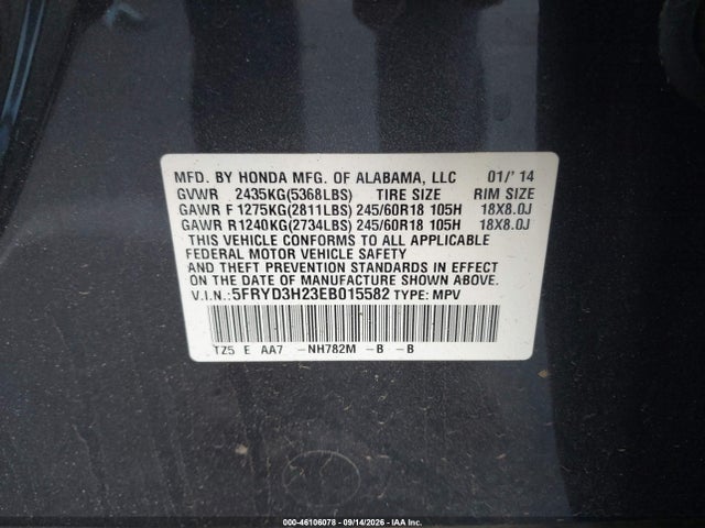 46106078 :رقم المزاد ، 5FRYD3H23EB015582 vin ، 2014 Acura Mdx مزاد بيع