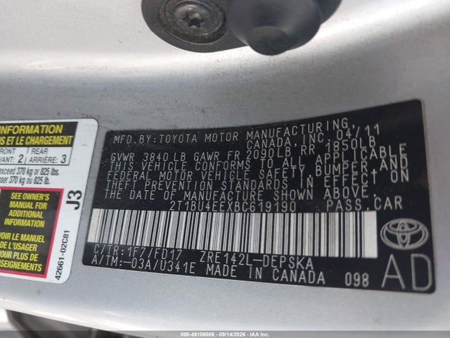 2011 Toyota Corolla S მანქანა იყიდება აუქციონზე, vin: 2T1BU4EEXBC619190, აუქციონის ნომერი: 46106086