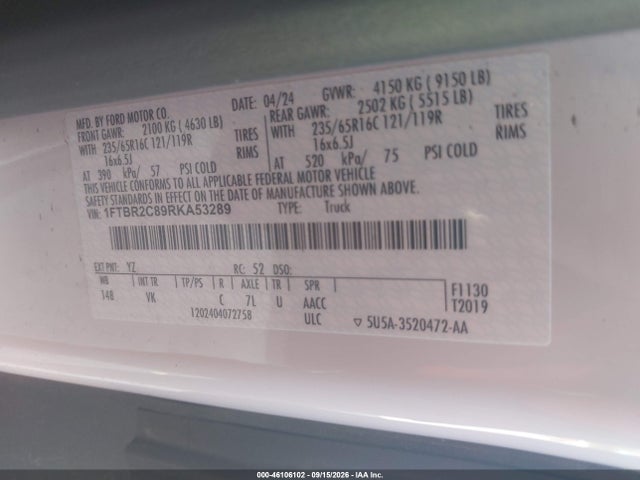 46106102 :رقم المزاد ، 1FTBR2C89RKA53289 vin ، 2024 Ford Transit-250 مزاد بيع