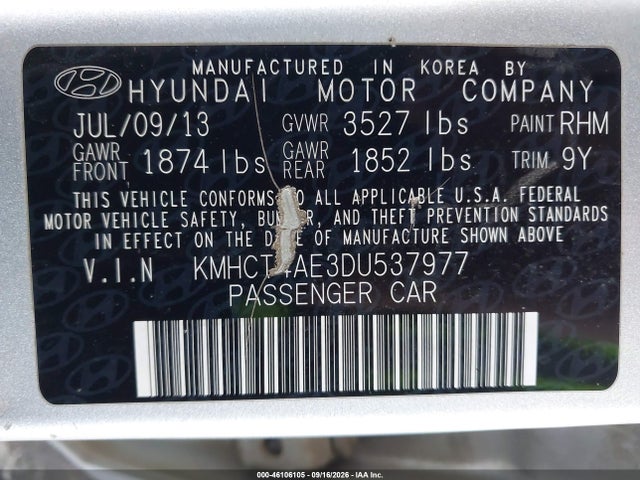 46106105 :رقم المزاد ، KMHCT4AE3DU537977 vin ، 2013 Hyundai Accent Gls مزاد بيع
