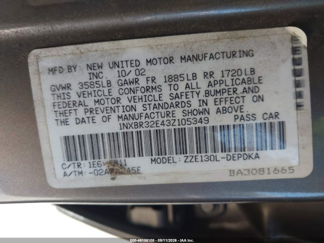 46106108 :رقم المزاد ، 1NXBR32E43Z105349 vin ، 2003 Toyota Corolla Ce مزاد بيع