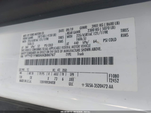 46106112 :رقم المزاد ، 1FTYE1YMXKKB86767 vin ، 2019 Ford Transit-150 مزاد بيع