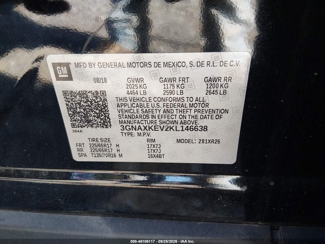 Aukcja sprzedaży 2019 Chevrolet Equinox Lt, vin: 3GNAXKEV2KL146638, numer aukcji: 46106117