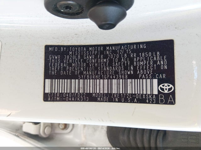 2016 Toyota Corolla S მანქანა იყიდება აუქციონზე, vin: 5YFBURHE1GP443968, აუქციონის ნომერი: 46106128