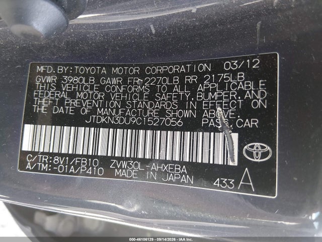 Aukcja sprzedaży 2012 Toyota Prius Two, vin: JTDKN3DU9C1527056, numer aukcji: 46106129