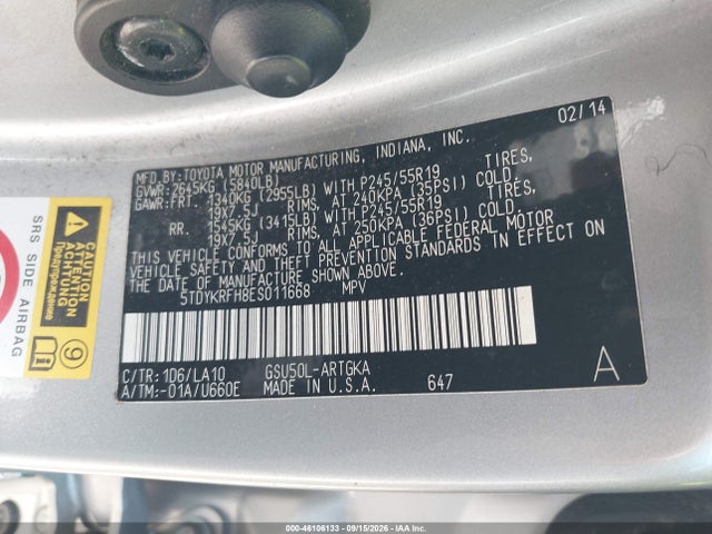 46106133 :رقم المزاد ، 5TDYKRFH8ES011668 vin ، 2014 Toyota Highlander Limited Platinum V6 مزاد بيع