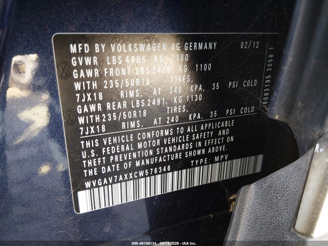 Продаж на аукціоні авто 2012 Volkswagen Tiguan Se, vin: WVGAV7AXXCW576346, номер лоту: 46106134