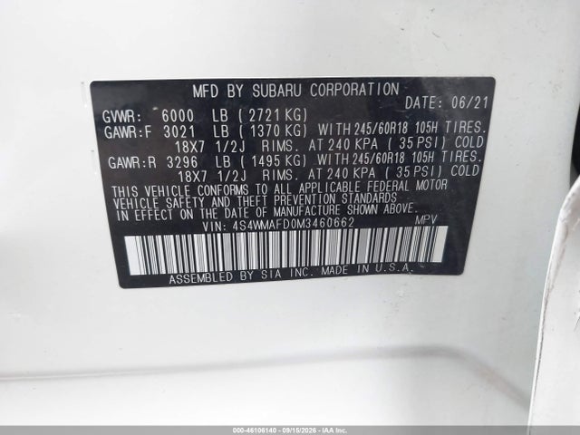 Aukcja sprzedaży 2021 Subaru Ascent Premium, vin: 4S4WMAFD0M3460662, numer aukcji: 46106140