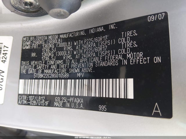 Продажа на аукционе авто 2008 Toyota Sienna Xle, vin: 5TDBK22C28S010589, номер лота: 46106160