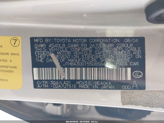 46106165 :رقم المزاد ، JTHBA30G155065646 vin ، 2005 Lexus Es 330 مزاد بيع