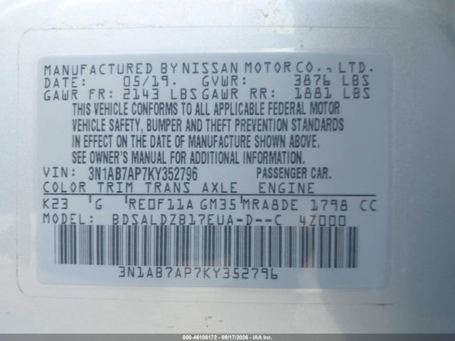 2019 Nissan Sentra Sv მანქანა იყიდება აუქციონზე, vin: 3N1AB7AP7KY352796, აუქციონის ნომერი: 46106172