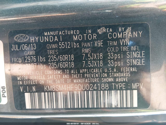 Продажа на аукционе авто 2013 Hyundai Santa Fe Gls, vin: KM8SM4HF9DU024188, номер лота: 46106181