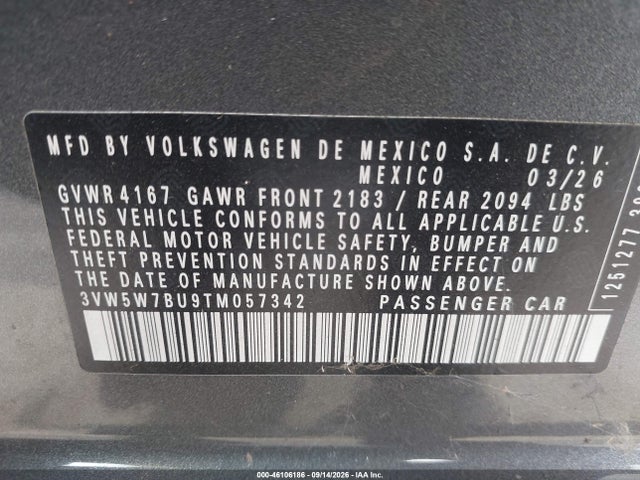Aukcja sprzedaży 2026 Volkswagen Jetta S, vin: 3VW5W7BU9TM057342, numer aukcji: 46106186