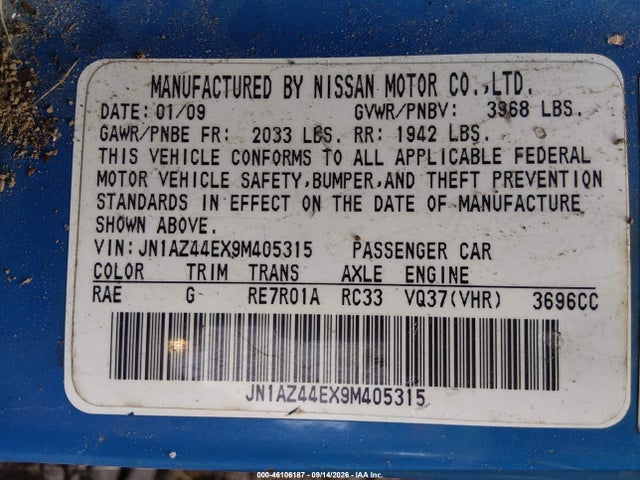 46106187 :رقم المزاد ، JN1AZ44EX9M405315 vin ، 2009 Nissan 370z Touring مزاد بيع