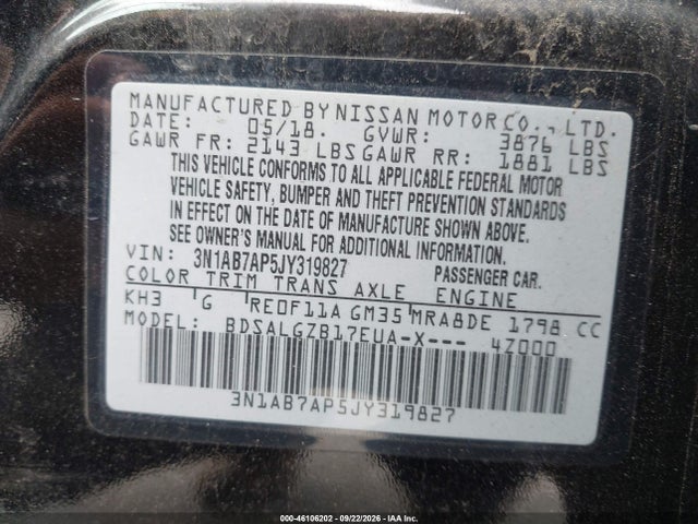 46106202 :رقم المزاد ، 3N1AB7AP5JY319827 vin ، 2018 Nissan Sentra Sl مزاد بيع