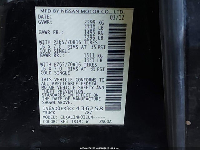 Aukcja sprzedaży 2012 Nissan Frontier S, vin: 1N6AD0ER3CC436258, numer aukcji: 46106209