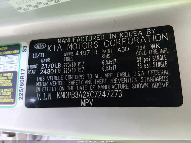 Aukcja sprzedaży 2012 Kia Sportage Lx, vin: KNDPB3A2XC7247273, numer aukcji: 46106214