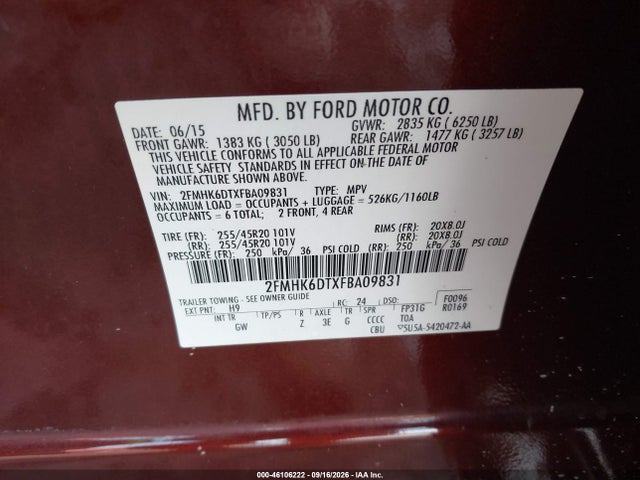 Продажа на аукционе авто 2015 Ford Flex Limited, vin: 2FMHK6DTXFBA09831, номер лота: 46106222