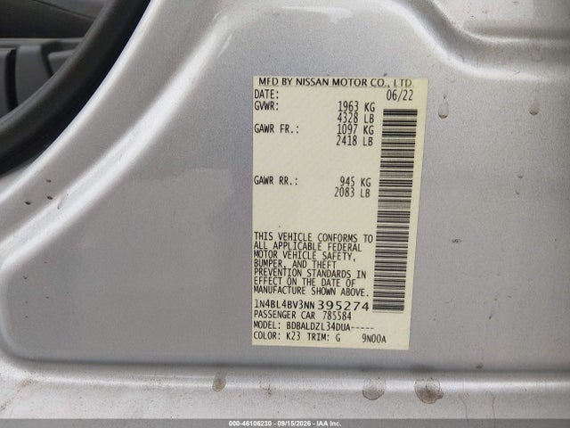 46106230 :رقم المزاد ، 1N4BL4BV3NN395274 vin ، 2022 Nissan Altima S Fwd مزاد بيع