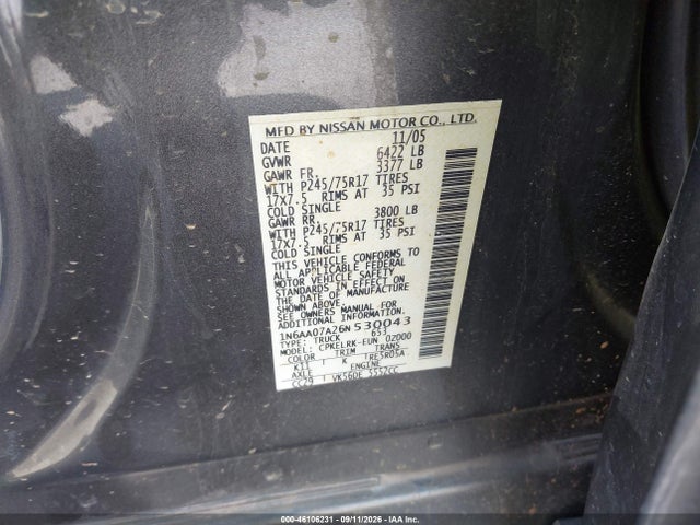 46106231 :رقم المزاد ، 1N6AA07A26N530043 vin ، 2006 Nissan Titan Xe مزاد بيع