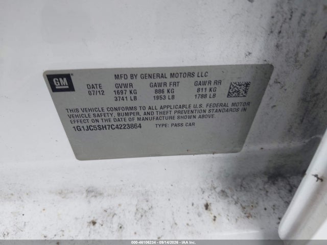 Aukcja sprzedaży 2012 Chevrolet Sonic 2lt, vin: 1G1JC5SH7C4223864, numer aukcji: 46106234
