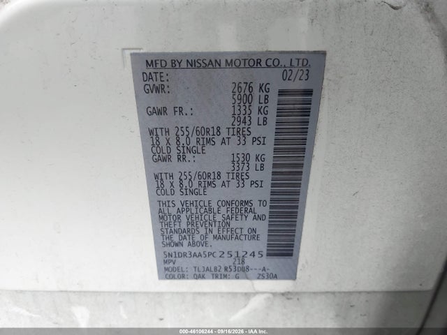 Продаж на аукціоні авто 2023 Nissan Pathfinder S Fwd, vin: 5N1DR3AA5PC251245, номер лоту: 46106244