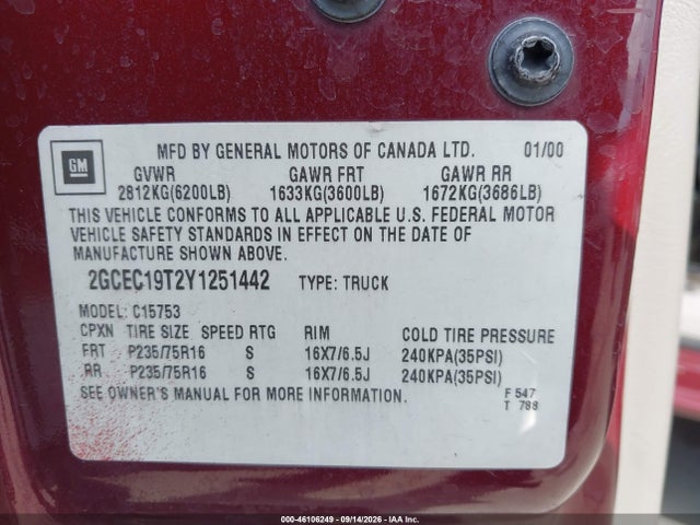 Продаж на аукціоні авто 2000 Chevrolet Silverado 1500 Ls, vin: 2GCEC19T2Y1251442, номер лоту: 46106249