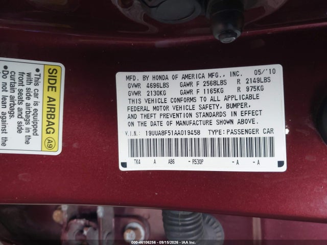 Продаж на аукціоні авто 2010 Acura Tl 3.5, vin: 19UUA8F51AA019458, номер лоту: 46106256