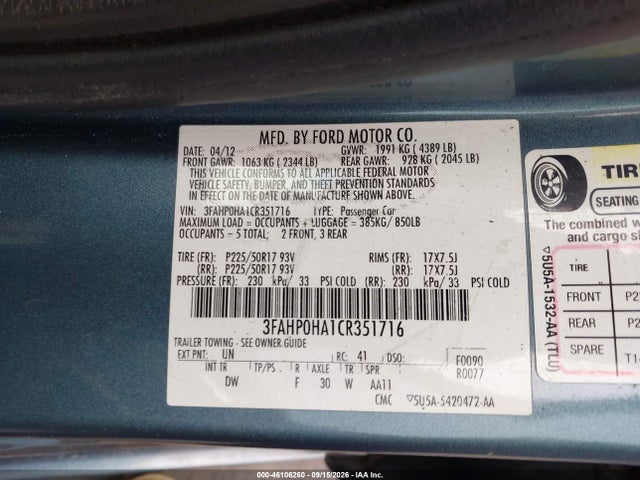 Aukcja sprzedaży 2012 Ford Fusion Se, vin: 3FAHP0HA1CR351716, numer aukcji: 46106260