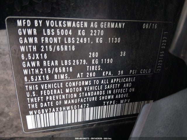 2017 Volkswagen Tiguan 2.0t S მანქანა იყიდება აუქციონზე, vin: WVGBV7AX9HW501472, აუქციონის ნომერი: 46106272