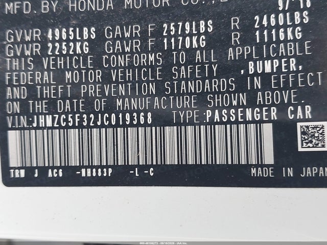 46106273 :رقم المزاد ، JHMZC5F32JC019368 vin ، 2018 Honda Clarity Plug-in Hybrid Touring مزاد بيع