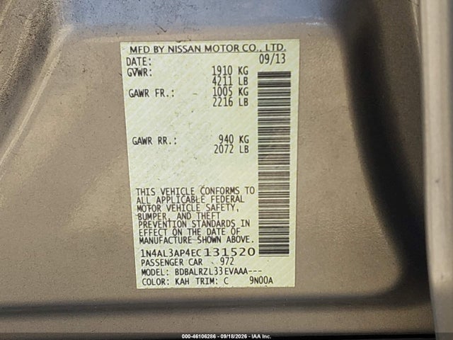 2014 Nissan Altima 2.5 S მანქანა იყიდება აუქციონზე, vin: 1N4AL3AP4EC131520, აუქციონის ნომერი: 46106286